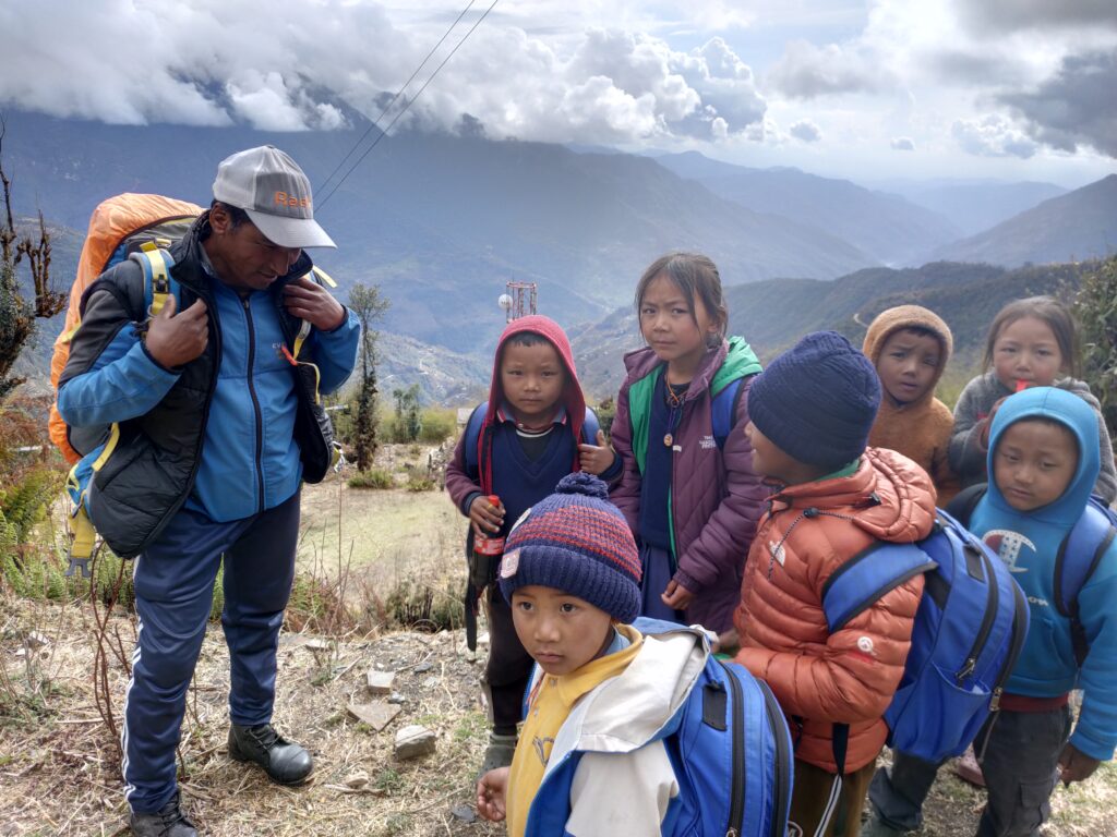 LB from Jiri with school children at Solo Kumbu village.